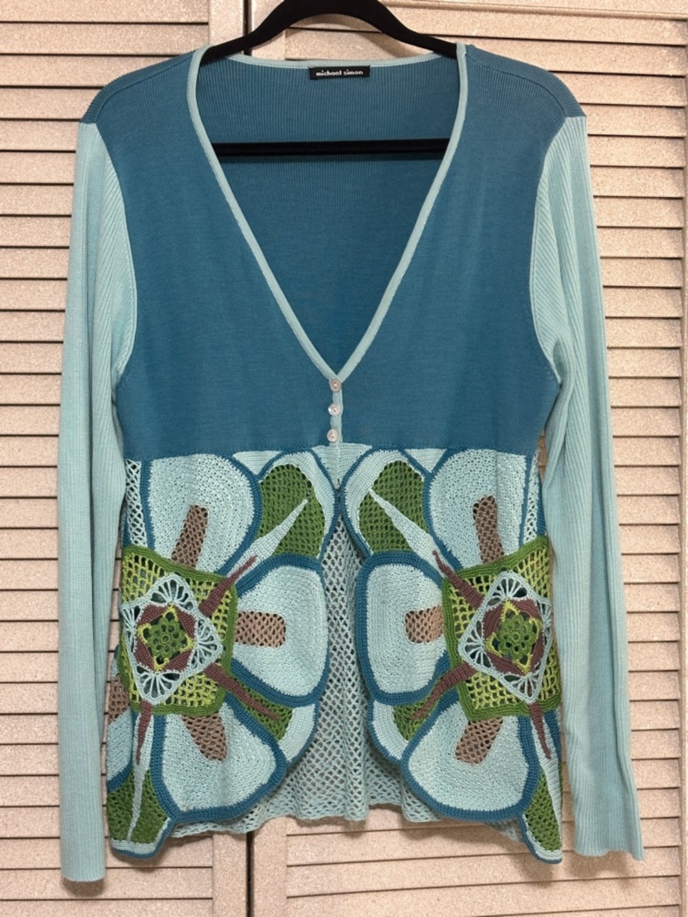Michael Simon Teal & Light Blue Crochet Floral V-Neck Cardigan